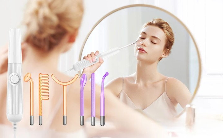 Appareil haute fréquence en verre 6 en 1 pour soins visage anti-rides anti-âge raffermissement de la peau et traitement d’acné